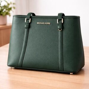 Michael Kors Green Saffiano Leather Jet Set Tote Bag Large Shoulder Purse